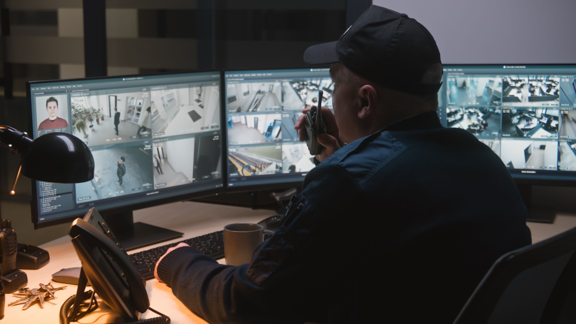 Security officer controls CCTV cameras on computer
